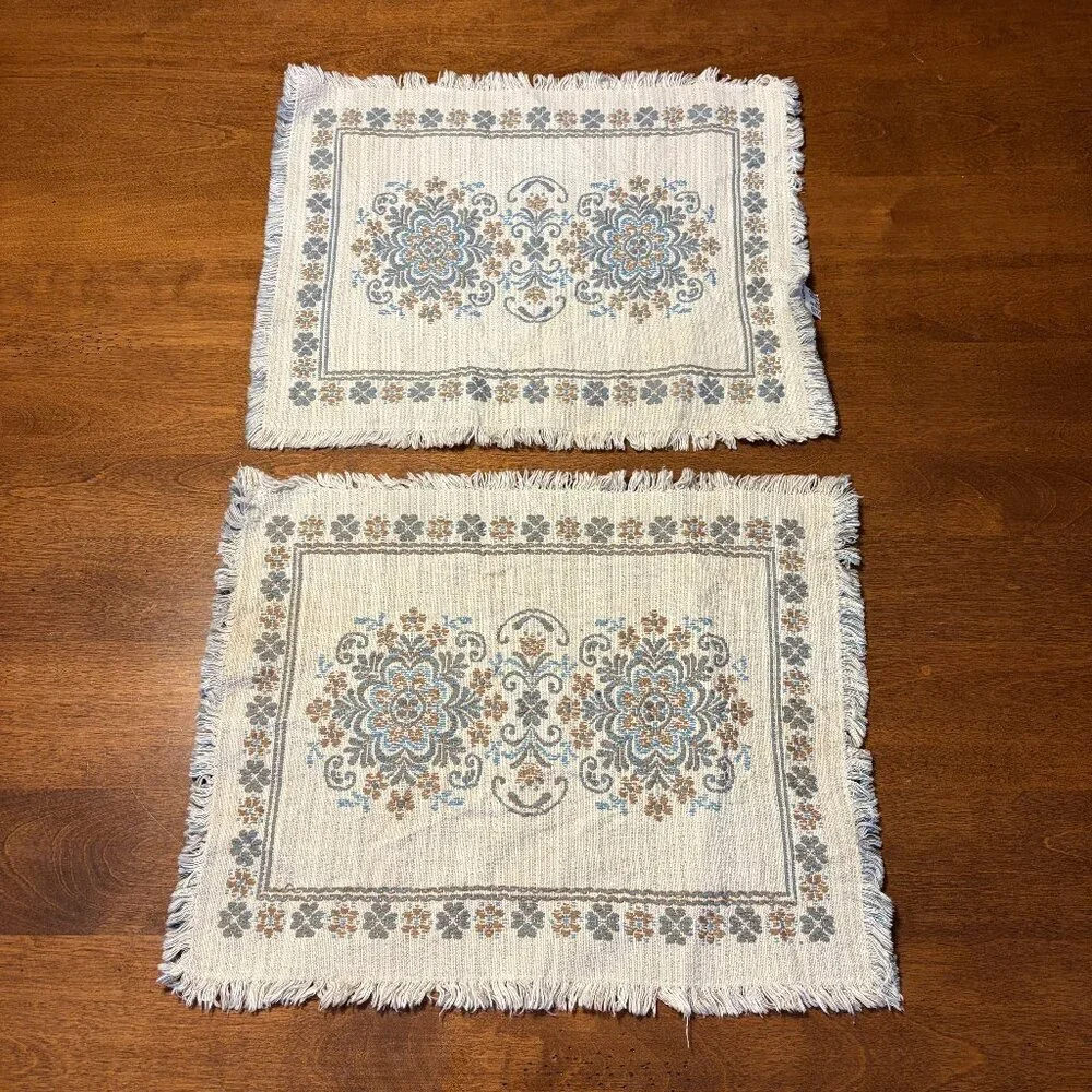 Vintage Austrian placemats cotton linen cream blue fringe set of 2 embroidered